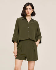 Weekend Oversize Silk Shorts Olive Green-Shorts-MommeSilk-XS-Olive Green-Urbanheer