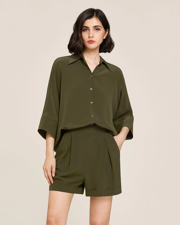 Weekend Oversize Silk Shorts Olive Green-Shorts-MommeSilk-XS-Olive Green-Urbanheer