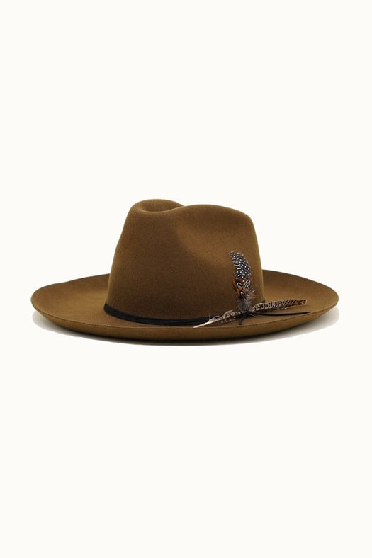 Western Cowboy Hat, 100% Wool Felt, Feather Trim, Cognac-Hats-Olive & Pique-circumference of 59cm-Urbanheer