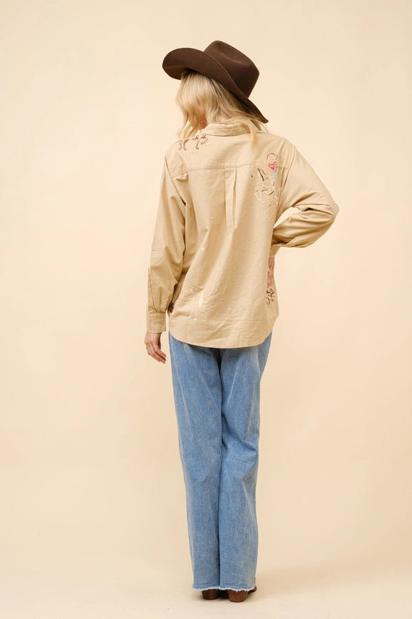 Western Cowgirl Motif Button Up Linen Shirt Blouse CAMEL-Blouse-Blue B-S-CAMEL-Urbanheer