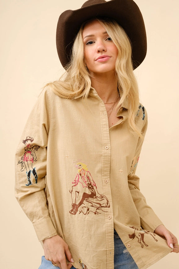 Western Cowgirl Motif Button Up Linen Shirt Blouse CAMEL-Blouse-Blue B-S-CAMEL-Urbanheer