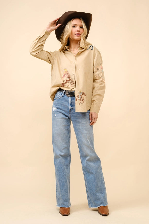 Western Cowgirl Motif Button Up Linen Shirt Blouse CAMEL-Blouse-Blue B-S-CAMEL-Urbanheer