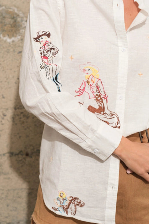 Western Cowgirl Motif Button Up Linen Shirt Blouse OFF WHITE-Blouse-Blue B-S-OFF WHITE-Urbanheer