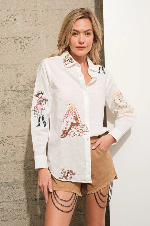 Western Cowgirl Motif Button Up Linen Shirt Blouse OFF WHITE-Blouse-Blue B-S-OFF WHITE-Urbanheer