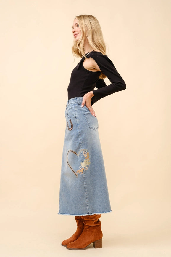 Western Embroidered Embellished Midi Denim Skirt-Skirt-Blue B-S-MED WASH-Urbanheer