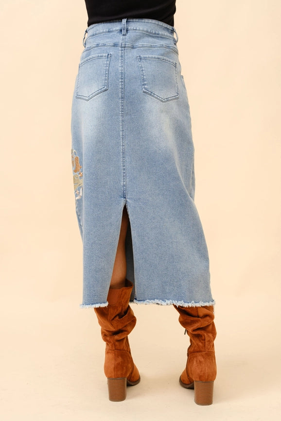 Western Embroidered Embellished Midi Denim Skirt-Skirt-Blue B-S-MED WASH-Urbanheer