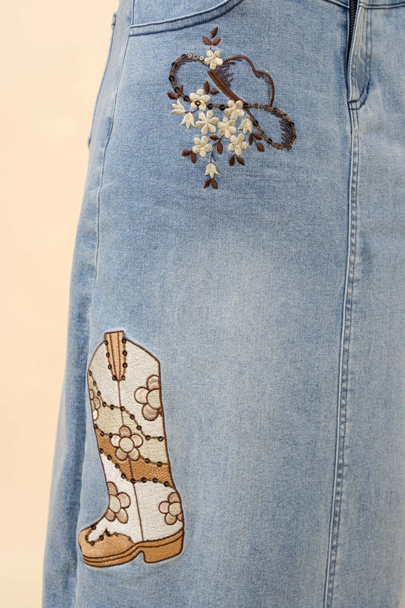 Western Embroidered Embellished Midi Denim Skirt-Skirt-Blue B-S-MED WASH-Urbanheer