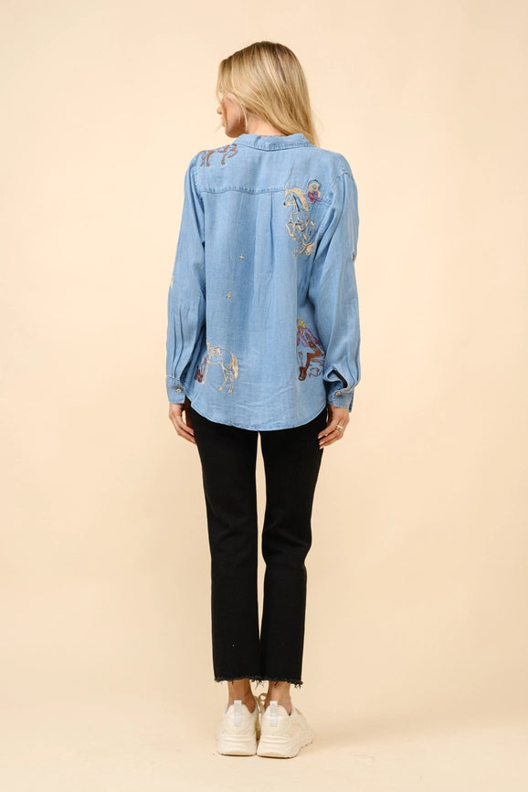 Western Motif Embroidered Tencel Shirt-Shirt-Blue B-S-MED WASH-Urbanheer