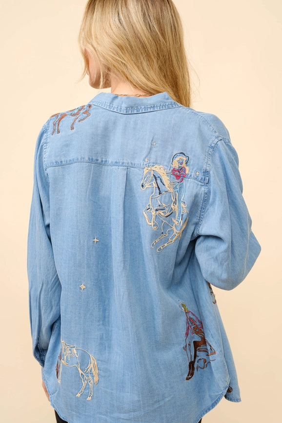 Western Motif Embroidered Tencel Shirt-Shirt-Blue B-S-MED WASH-Urbanheer