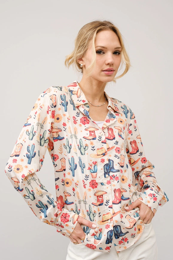 Western Motif Print Button Up Shirt Blouse-Blouse-Blue B-S-MULTI-Urbanheer