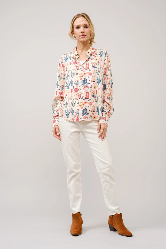 Western Motif Print Button Up Shirt Blouse-Blouse-Blue B-S-MULTI-Urbanheer