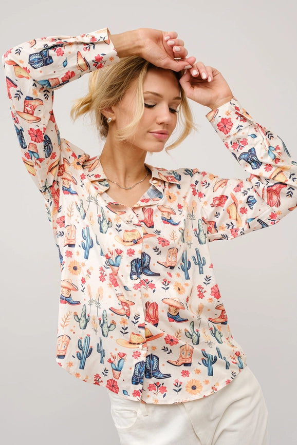 Western Motif Print Button Up Shirt Blouse-Blouse-Blue B-S-MULTI-Urbanheer