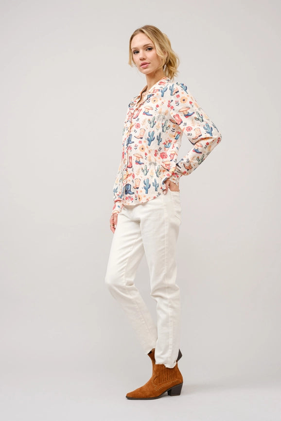 Western Motif Print Button Up Shirt Blouse-Blouse-Blue B-S-MULTI-Urbanheer