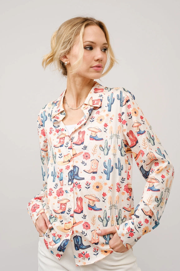 Western Motif Print Button Up Shirt Blouse-Blouse-Blue B-S-MULTI-Urbanheer