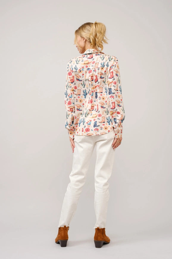 Western Motif Print Button Up Shirt Blouse-Blouse-Blue B-S-MULTI-Urbanheer