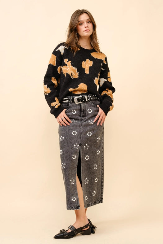 Western Motif Sweater Pullover-Pullover-Blue B-S-BLACK-Urbanheer