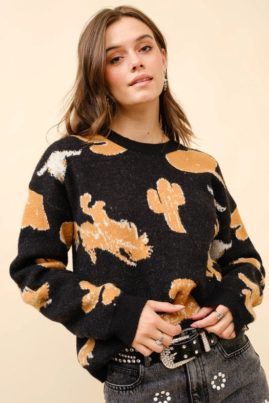 Western Motif Sweater Pullover-Pullover-Blue B-S-BLACK-Urbanheer
