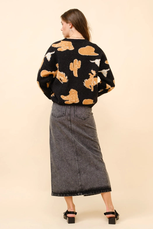 Western Motif Sweater Pullover-Pullover-Blue B-S-BLACK-Urbanheer