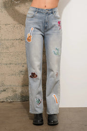 Western Patch Denim Jeans-Jeans-Blue B-S-LIGHT WASH-Urbanheer