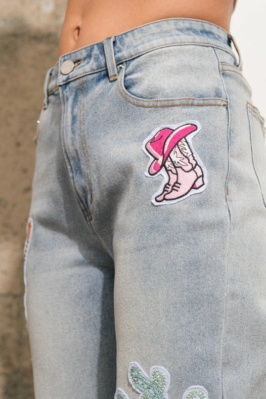 Western Patch Denim Jeans-Jeans-Blue B-S-LIGHT WASH-Urbanheer