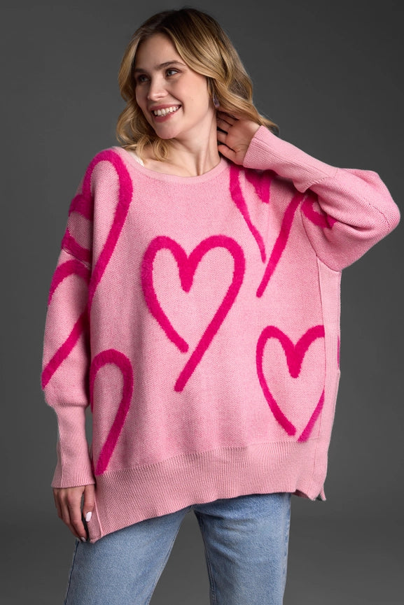 Whimsical Heart Pullover Sweater-Sweater-SAACHI-Pink-Urbanheer