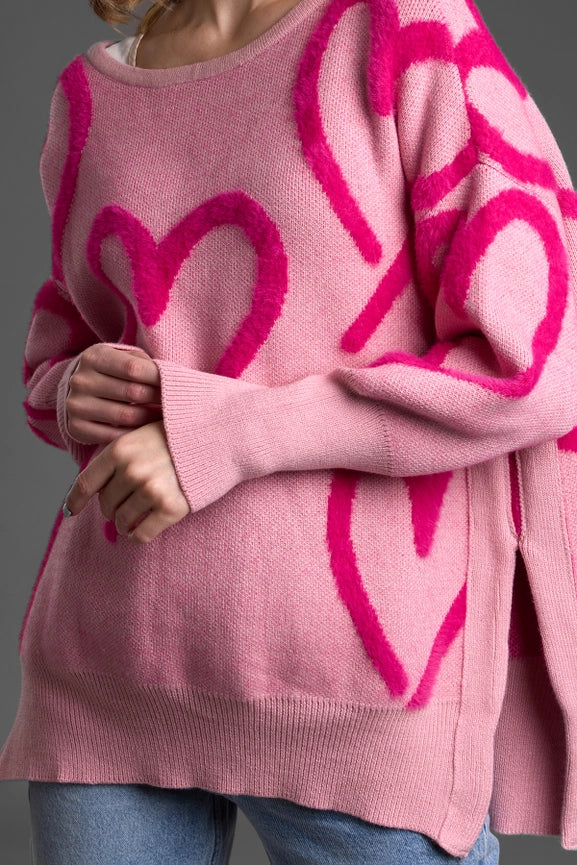 Whimsical Heart Pullover Sweater-Sweater-SAACHI-Pink-Urbanheer