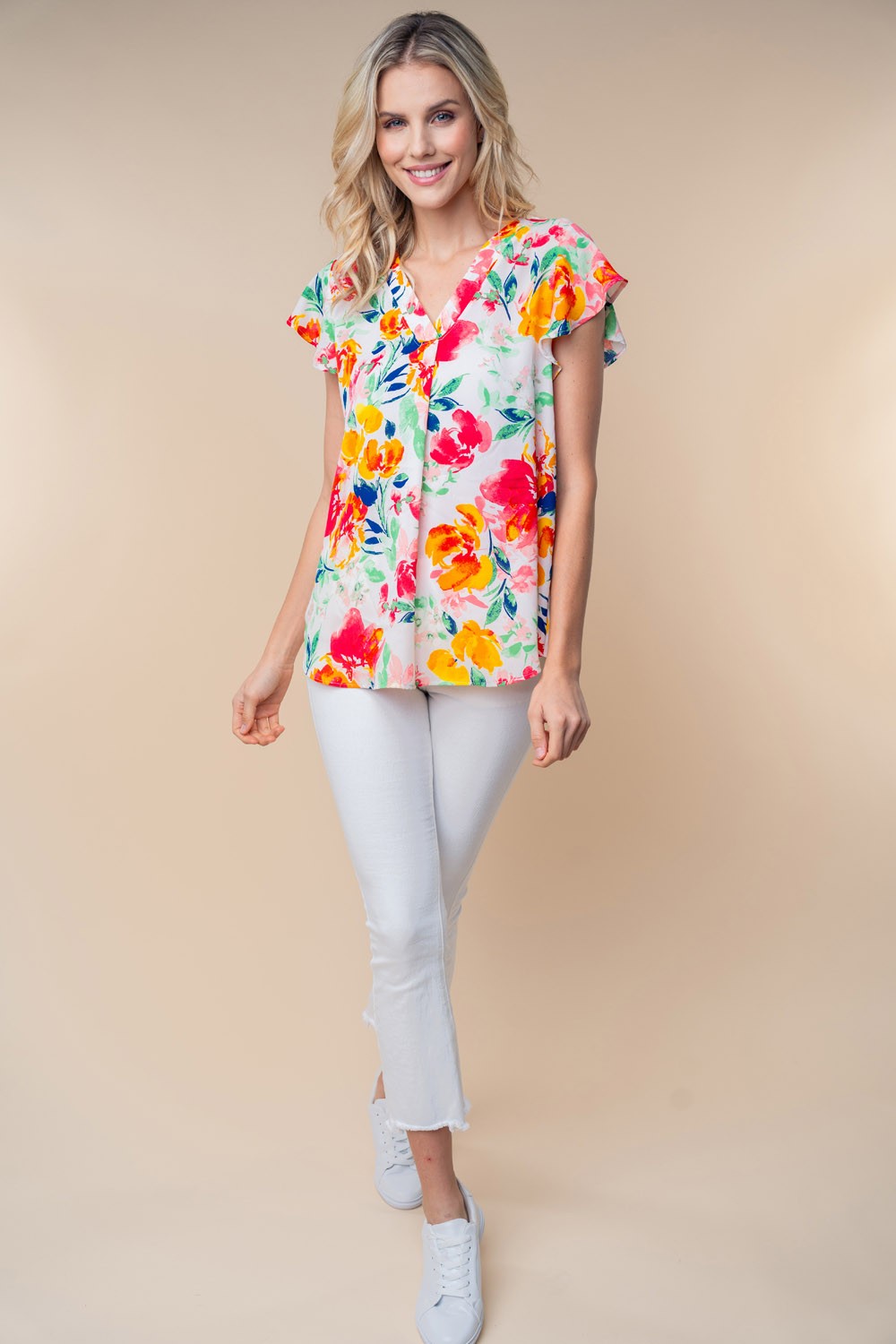 White Birch Full Size Short Sleeve Floral Woven Top-Street 360-White Multi-S-Urbanheer