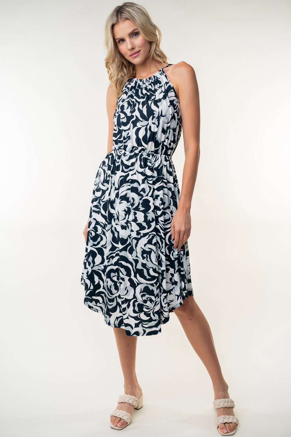 White Birch Tied Ruched Floral Sleeveless Knee Length Dress-Street 360-Black-S-Urbanheer