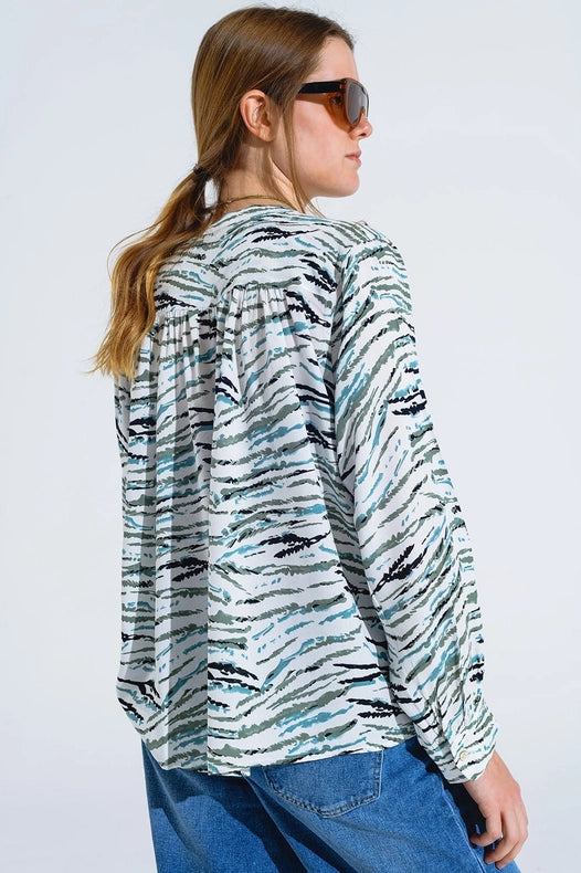 White Blouse With Animal Print And Long Sleeves-Clothing Blouse-Q2-S-Green-Urbanheer
