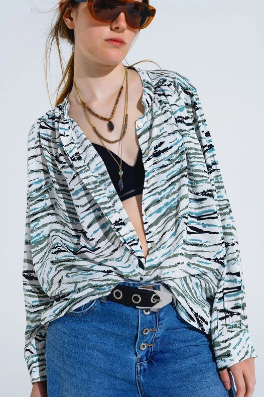 White Blouse With Animal Print And Long Sleeves-Clothing Blouse-Q2-S-Green-Urbanheer