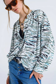 White Blouse With Animal Print And Long Sleeves-Clothing Blouse-Q2-S-Green-Urbanheer