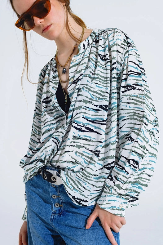 White Blouse With Animal Print And Long Sleeves-Clothing Blouse-Q2-S-Green-Urbanheer