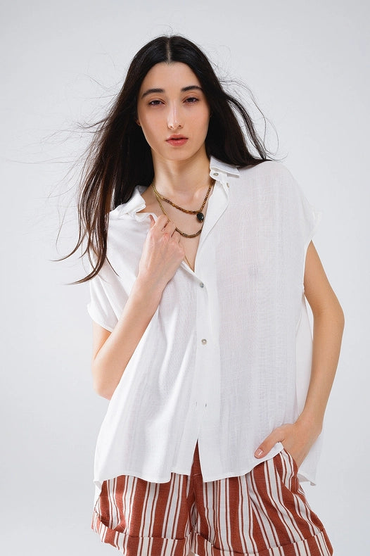 White Button Up Blouse with Polo Collar-Blouse-Q2-S-White-Urbanheer
