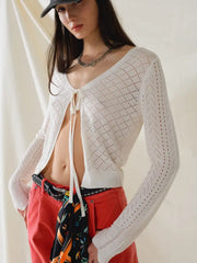 White Cardigan with Argyle Print and Tie Closing-Cardigan-Q2-One Size-White-Urbanheer