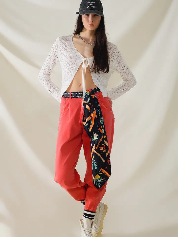 White Cardigan with Argyle Print and Tie Closing-Cardigan-Q2-One Size-White-Urbanheer