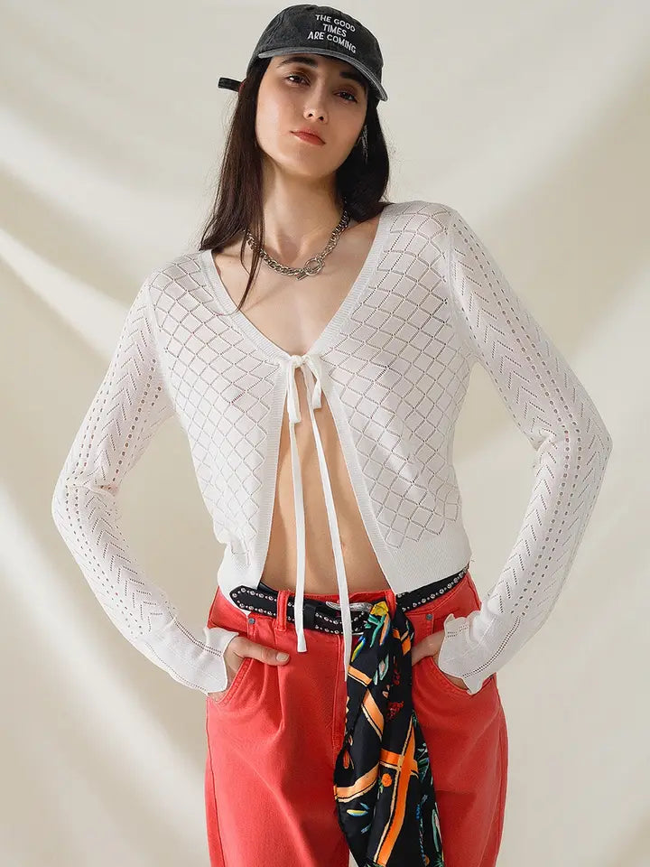 White Cardigan with Argyle Print and Tie Closing-Cardigan-Q2-One Size-White-Urbanheer