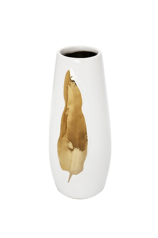 White Ceramic Tall Vase Gold Leaf Design-Vase-VIVIENCE-medium - 3"D x 12"H-Urbanheer