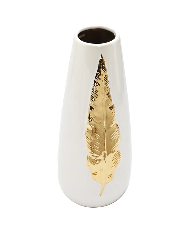 White Ceramic Tall Vase Gold Leaf Design-Vase-VIVIENCE-medium - 3"D x 12"H-Urbanheer