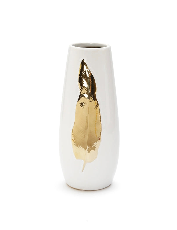 White Ceramic Tall Vase Gold Leaf Design-Vase-VIVIENCE-medium - 3"D x 12"H-Urbanheer