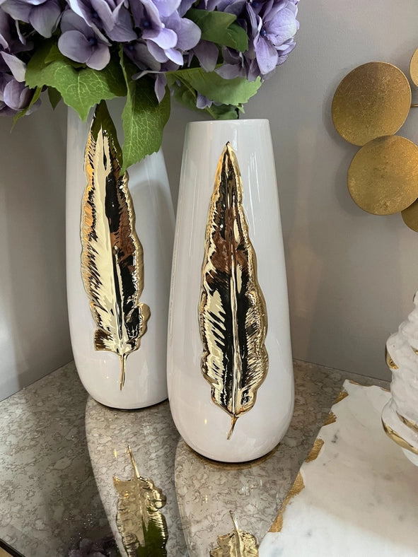 White Ceramic Tall Vase Gold Leaf Design-Vase-VIVIENCE-medium - 3"D x 12"H-Urbanheer