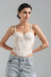 White Corset Blouse with Cotton Lace and Front Ribbon Tie