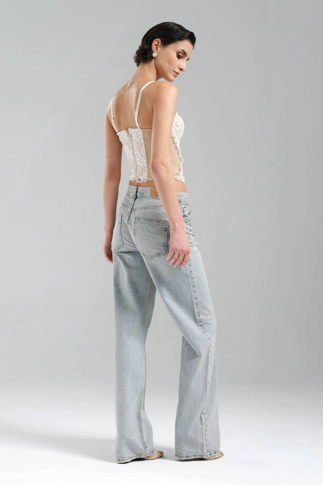 White Corset Blouse with Cotton Lace and Front Ribbon Tie