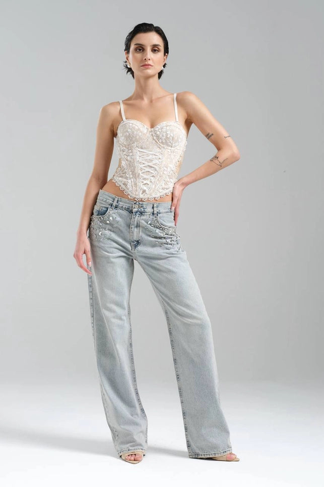 White Corset Blouse with Cotton Lace and Front Ribbon Tie