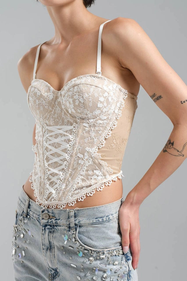 White Corset Blouse with Cotton Lace and Front Ribbon Tie