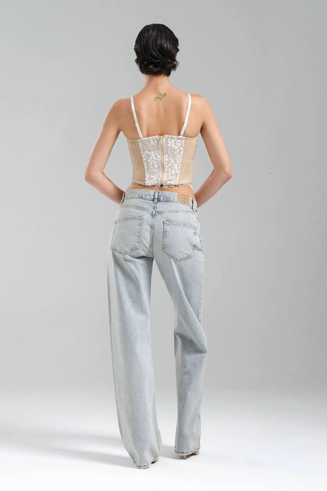 White Corset Blouse with Cotton Lace and Front Ribbon Tie