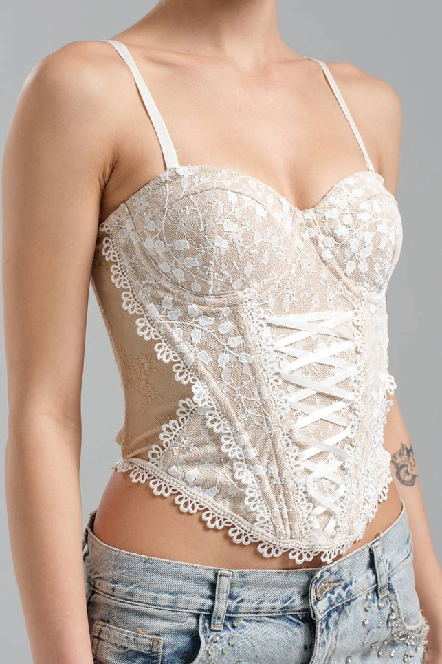 White Corset Blouse with Cotton Lace and Front Ribbon Tie