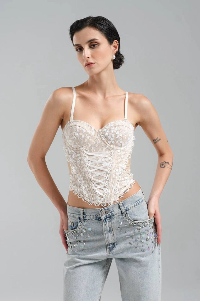 White Corset Blouse with Cotton Lace and Front Ribbon Tie