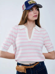 White Crop Knitted Polo Top with Pink Stripes-Polo Top-Q2-S-PINK-Urbanheer