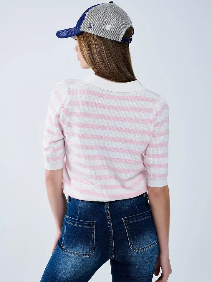 White Crop Knitted Polo Top with Pink Stripes-Polo Top-Q2-S-PINK-Urbanheer