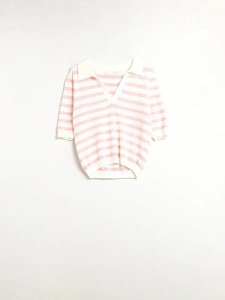 White Crop Knitted Polo Top with Pink Stripes-Polo Top-Q2-S-PINK-Urbanheer